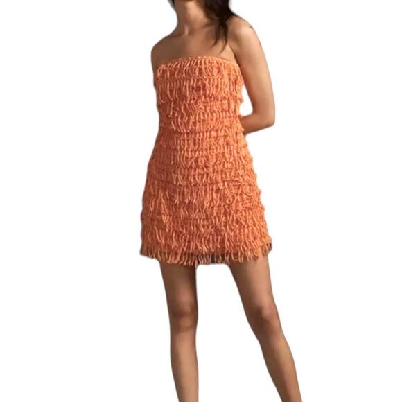 ANTHROPOLOGIE Let Me Be Fringed Tube Boho Mini Dress Orange Size M - Picture 1 of 8